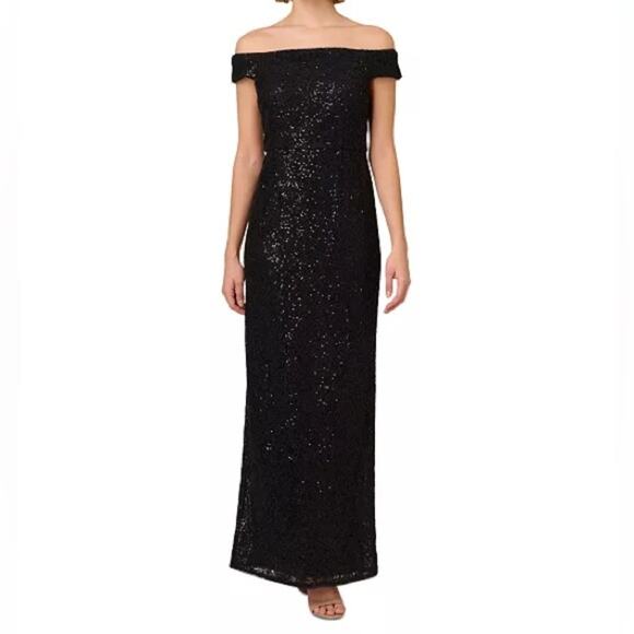 Adrianna Papell Papell Studio Women's Corded Off-The-Shoulder Sequin Gown Sz 4 - Picture 1 of 9